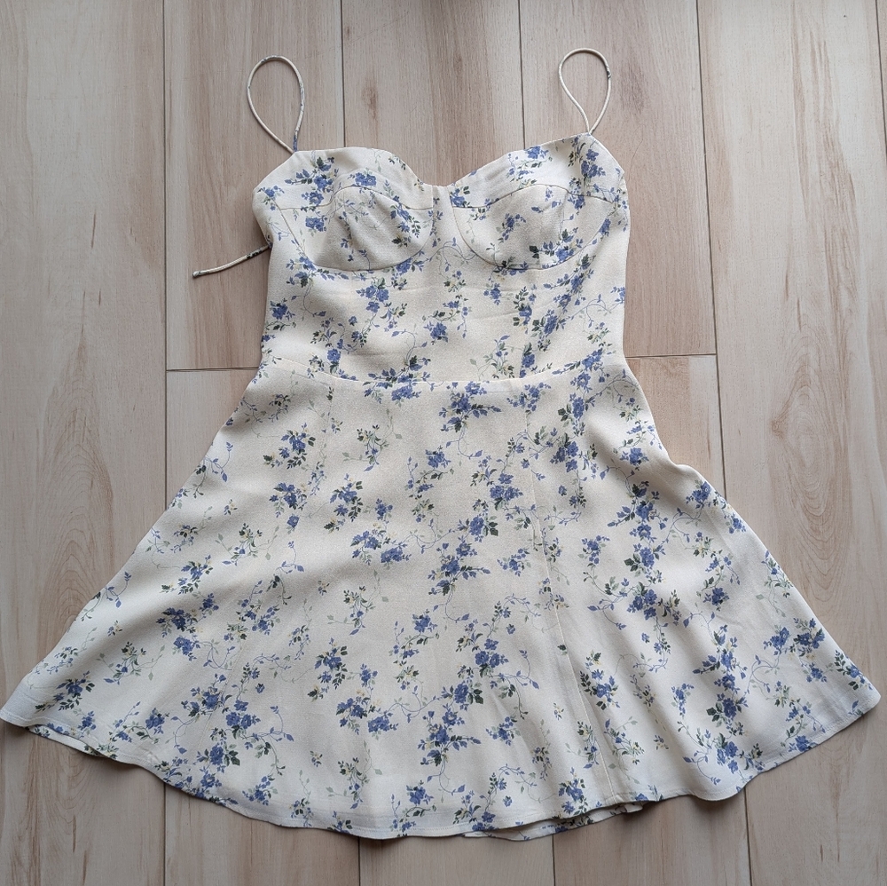 Reformation Saskia floral ivory dress Madeline print tie straps flare mini - Picture 9 of 12